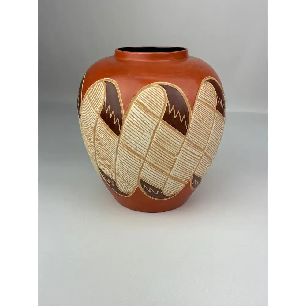 Vintage MCM Southwestern Sgraffito Style Pottery Carved Ceramic Vase 10in H